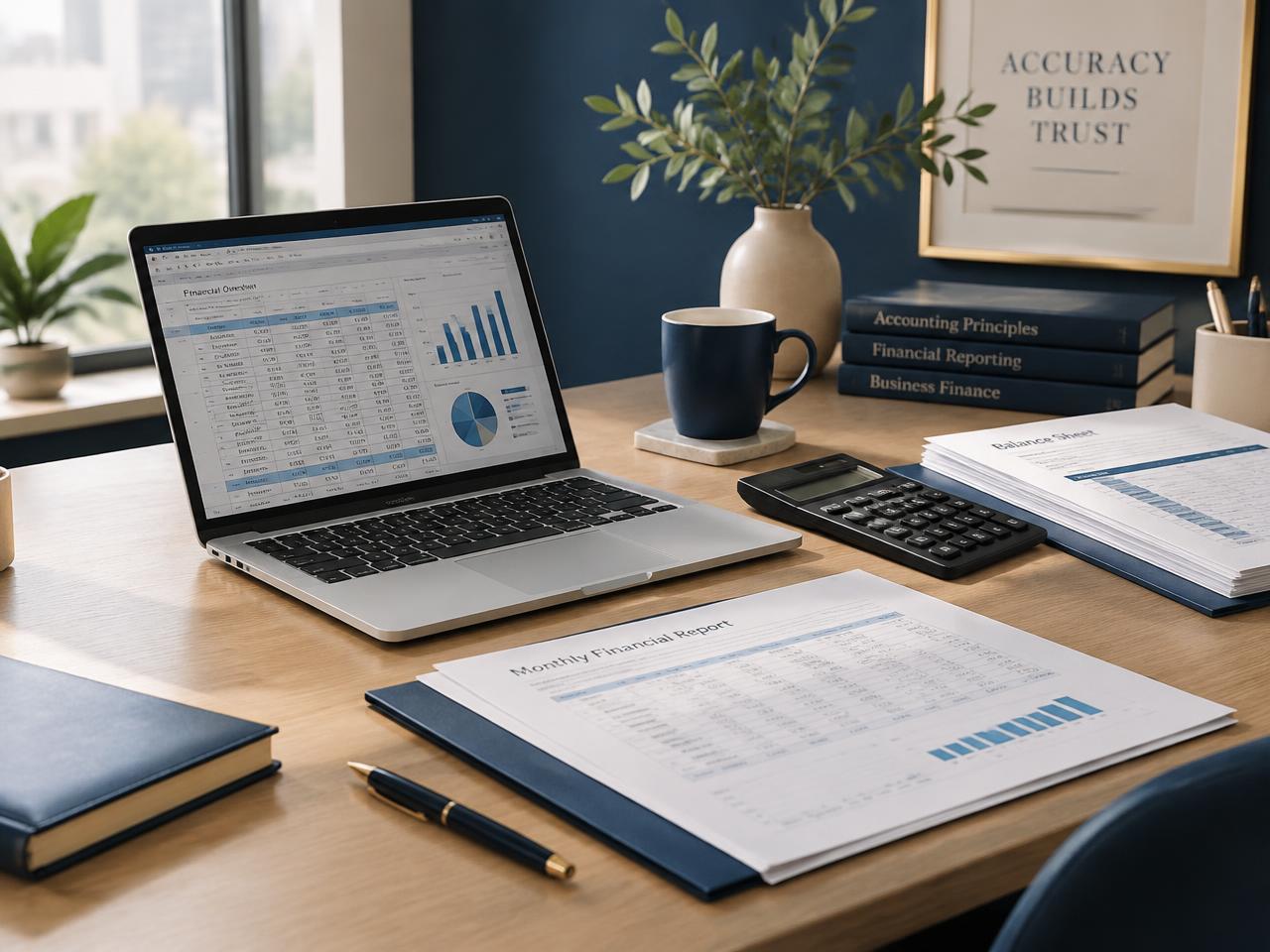 Mesa de trabalho com notebook, relatórios e calculadora